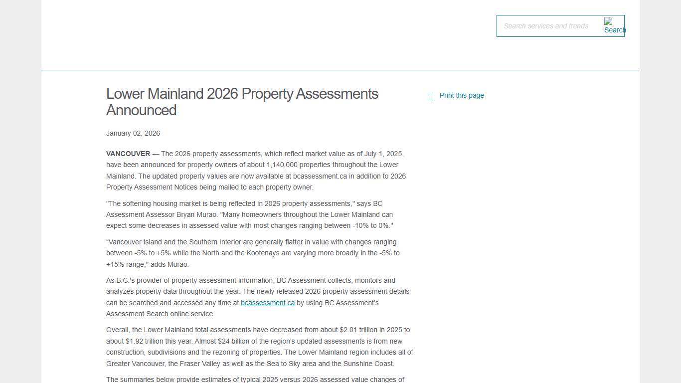 Lower Mainland 2026 Property Assessments Announced