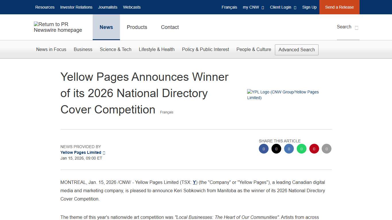 Yellow Pages Announces Winner of its 2026 National Directory Cover Competition